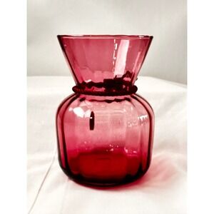 Pilgrim Cranberry Glass Vase Handmade Gold Infused Optic Ribbed Made in USA
